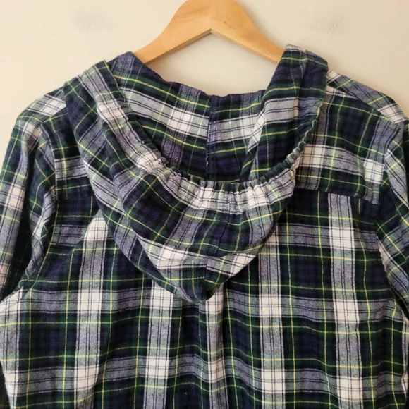 LL Bean Scotch Plaid Flannel Pullover Hoodie Navy And White Outdoor Grunge Large - Picture 4 of 8